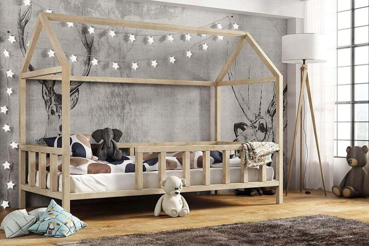 Matratze mit Rausfallschutz 80x160cm Haus Holz Natur Hausbett Bett Kinderbett 
